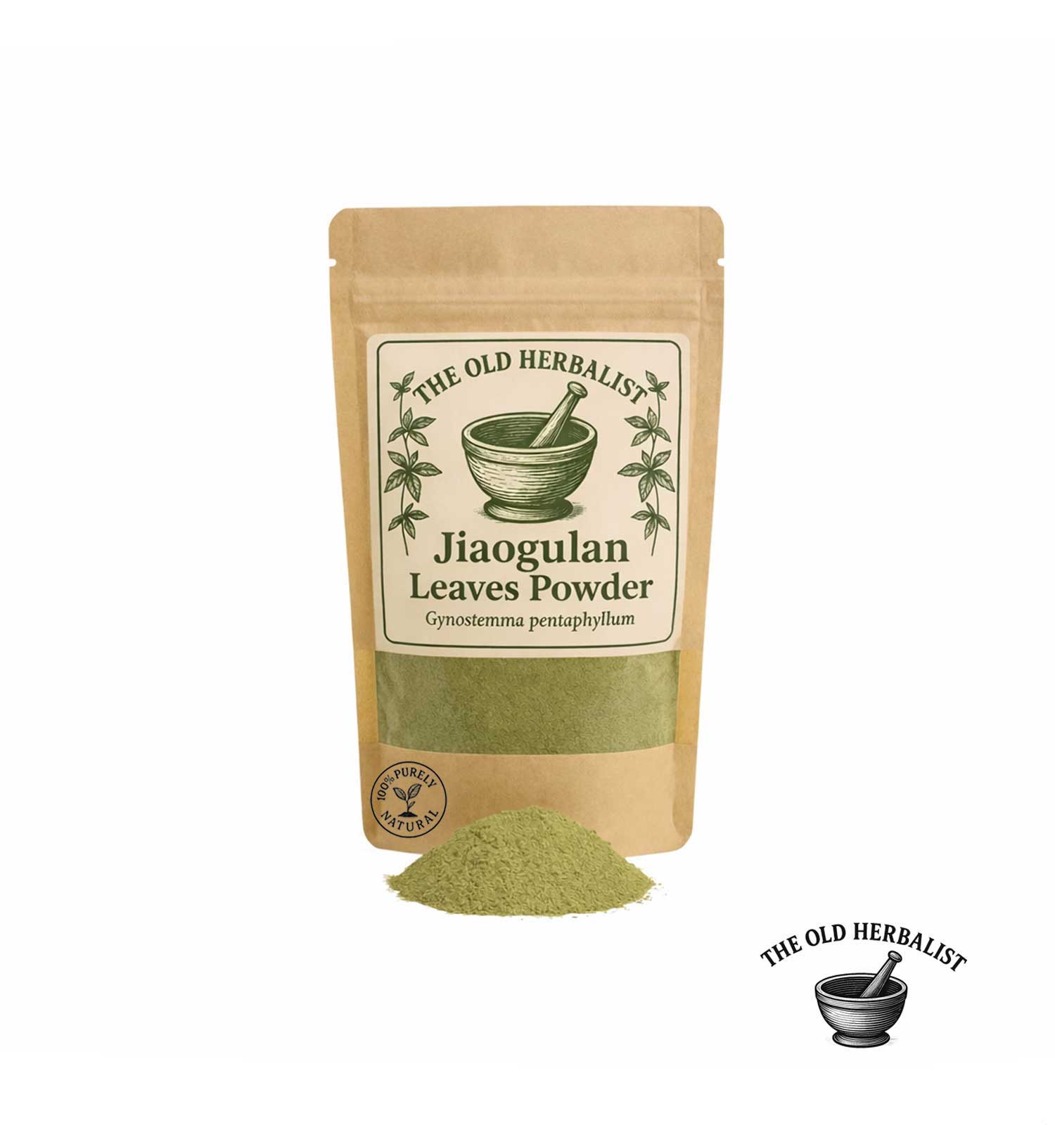 Jiaogulan leaves powder in kraft pouch – herbal adaptogenic ingredient.


