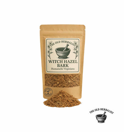 Dried witch hazel bark in kraft pouch – herbal ingredient.