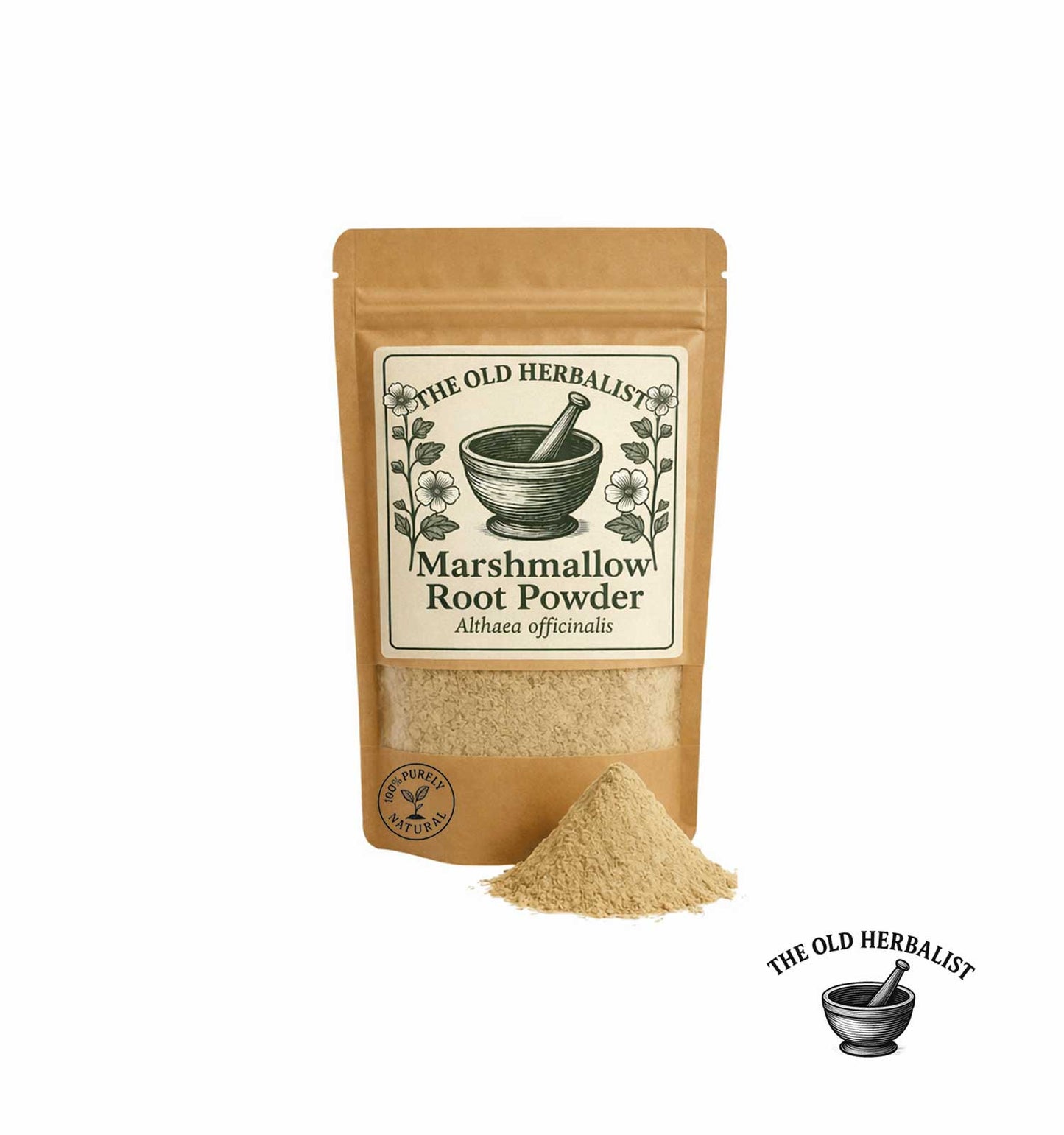 Marshmallow root powder in kraft pouch – Althaea officinalis herbal powder.