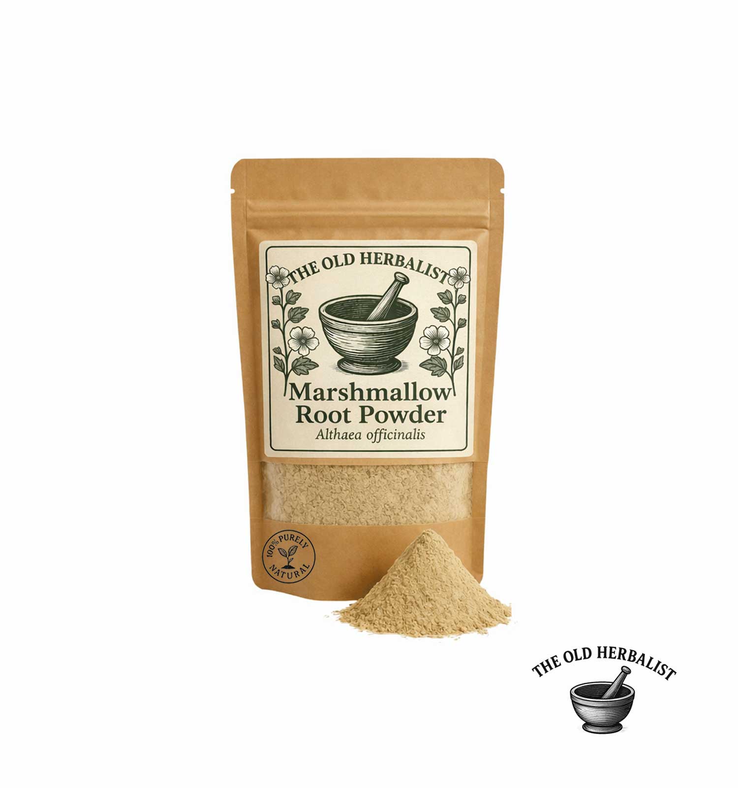 Marshmallow root powder in kraft pouch – Althaea officinalis herbal powder.