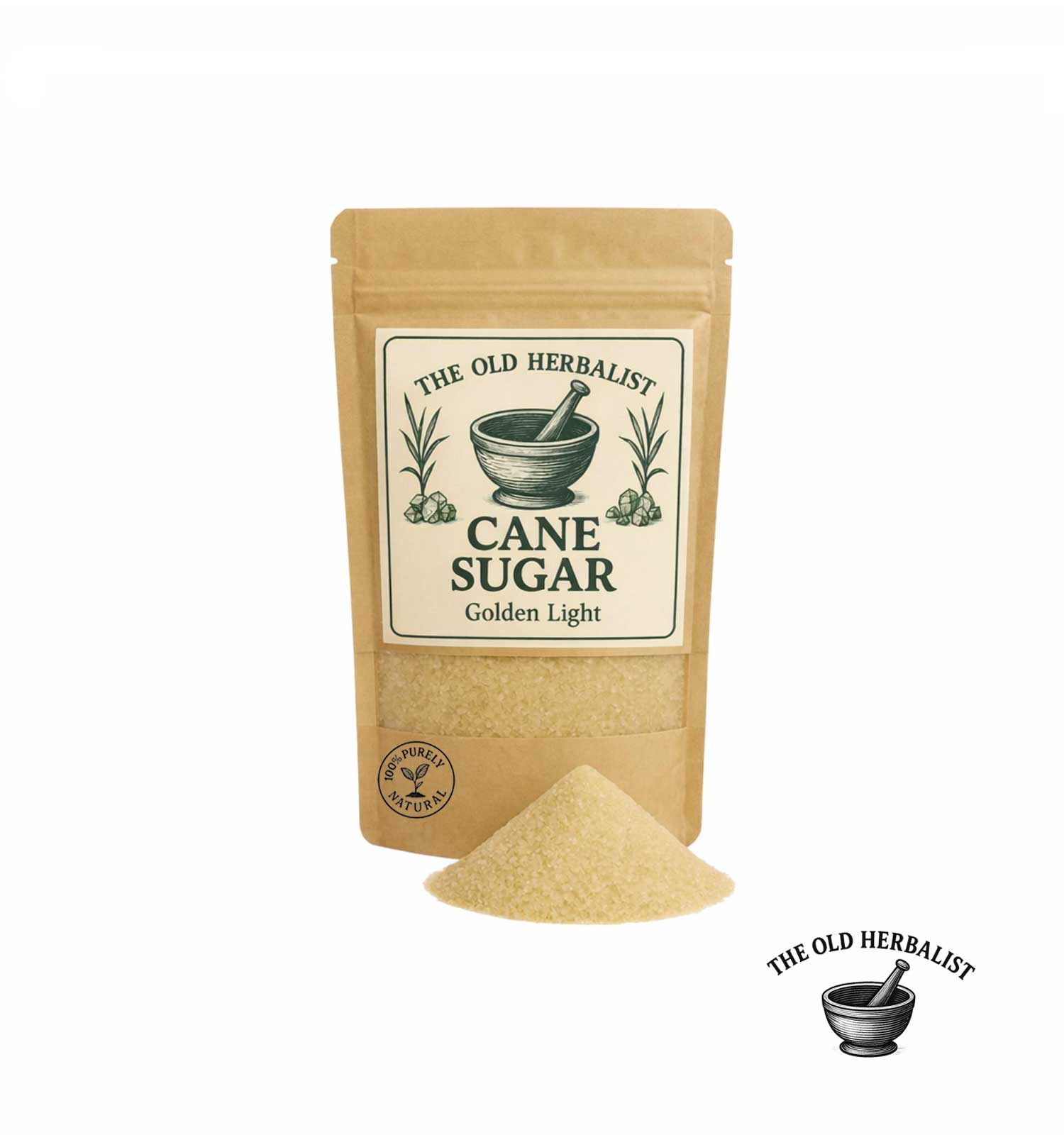 Unrefined cane sugar crystals in kraft pouch – natural sweetener
