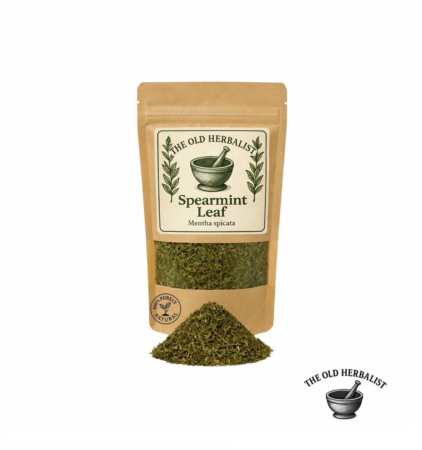 Dried spearmint leaf in kraft pouch – herbal tea ingredient.