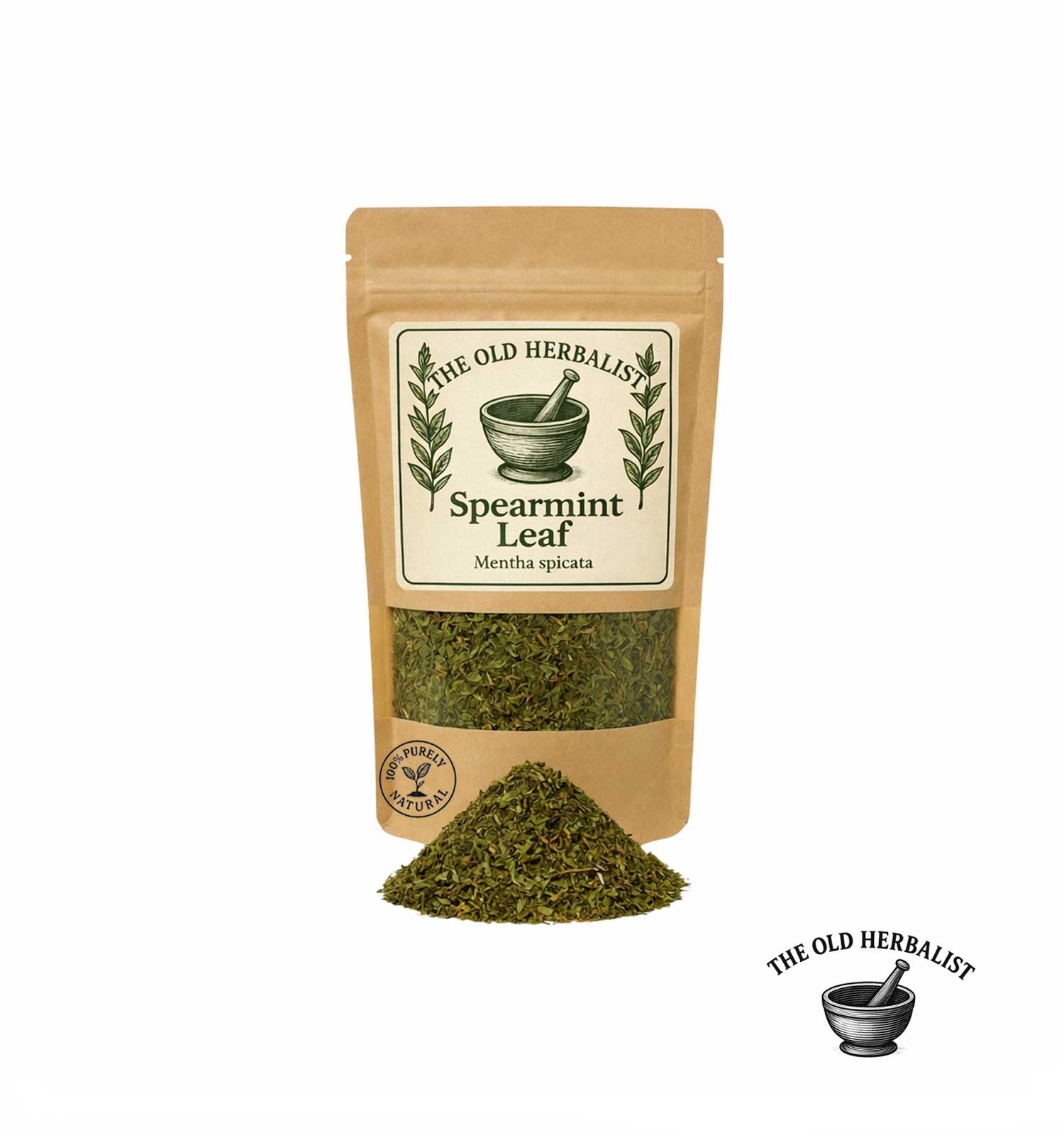 Dried spearmint leaf in kraft pouch – herbal tea ingredient.