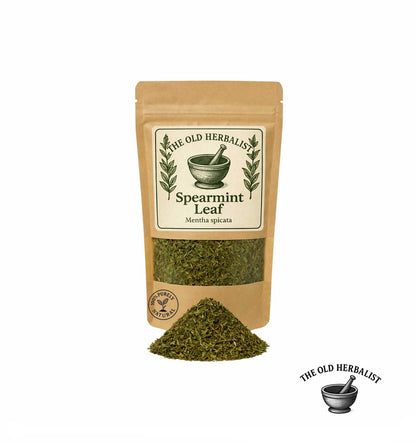 Dried spearmint leaf in kraft pouch – herbal tea ingredient.