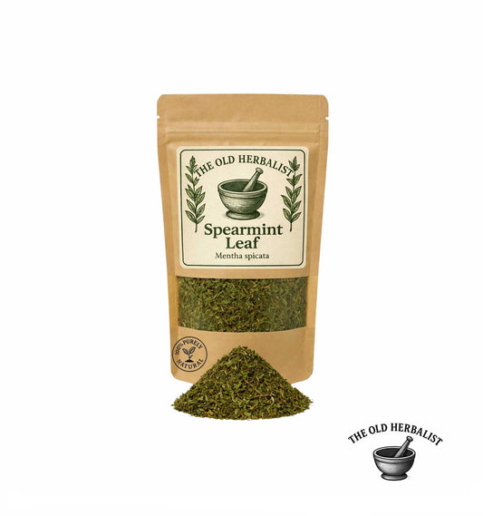 Dried spearmint leaf in kraft pouch – herbal tea ingredient.