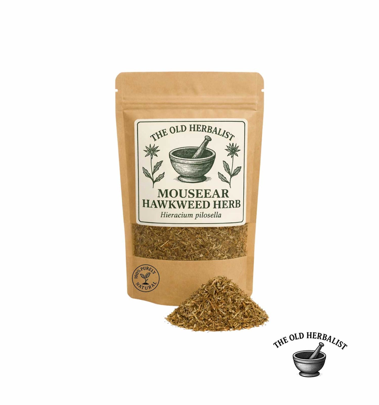 Dried mouseear hawkweed herb in kraft pouch – natural herbal ingredient.
