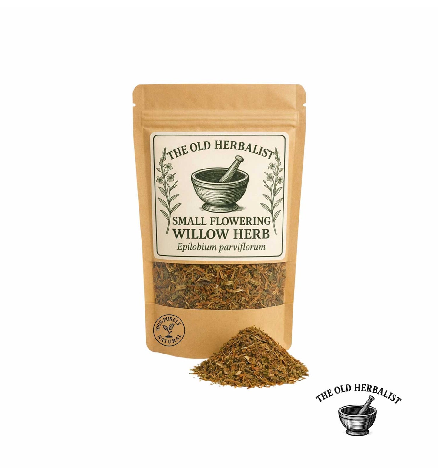 Small-flowered willow herb Epilobium parviflorum in kraft pouch – dried herbal tea.
