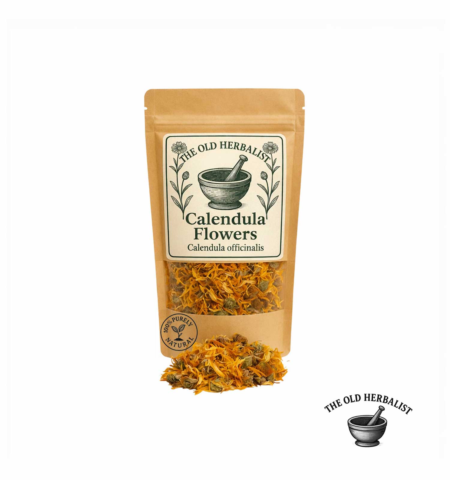 Dried calendula flowers in kraft pouch – herbal ingredient.