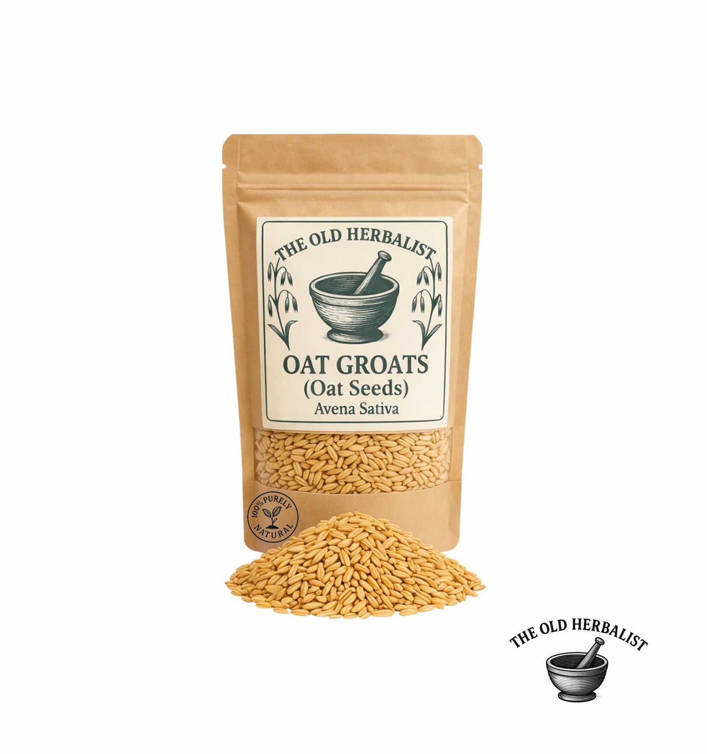 Whole oat groats in kraft pouch – Avena sativa herbal grain.
