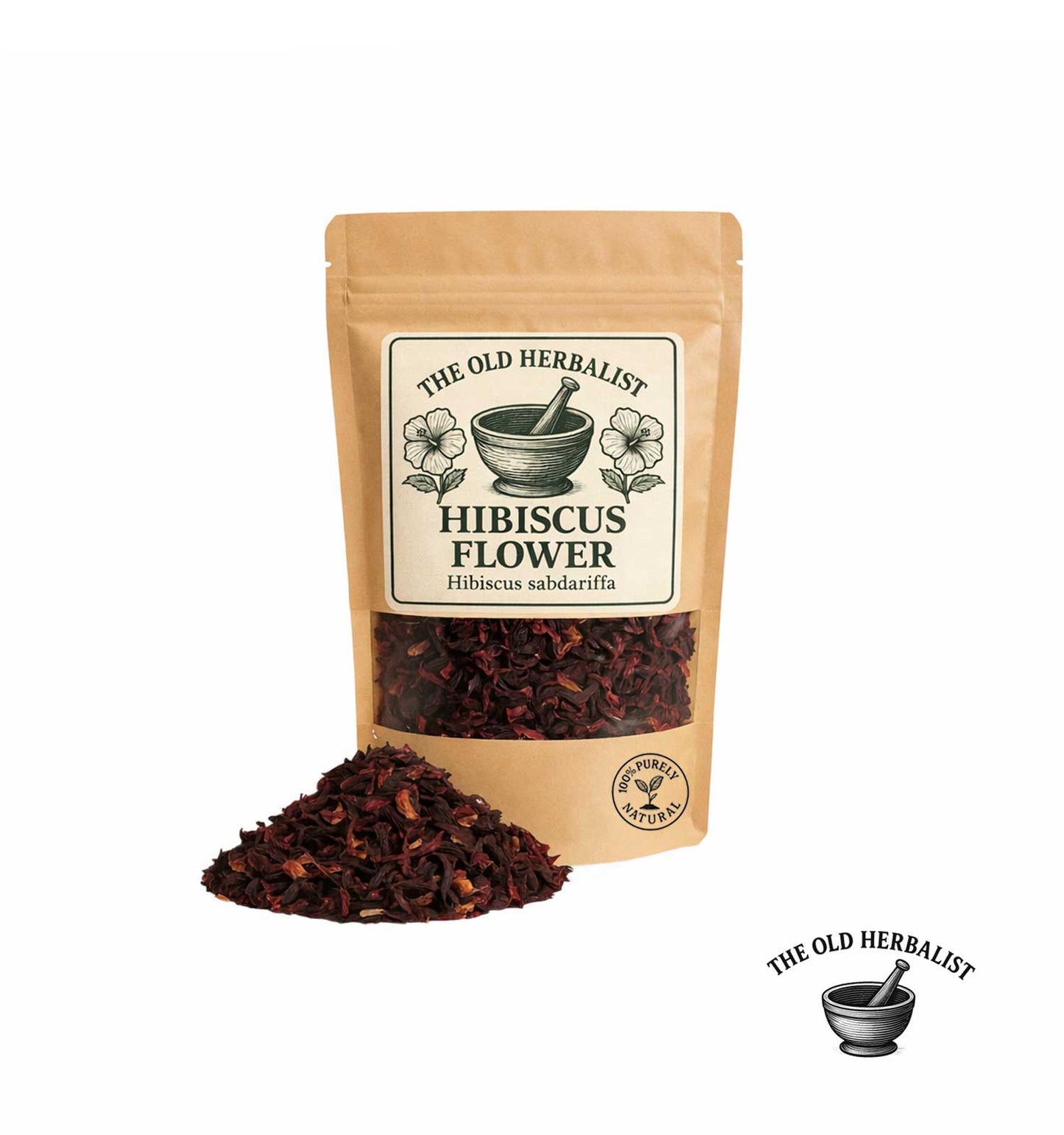 Dried hibiscus flowers in kraft pouch – herbal tea ingredient.