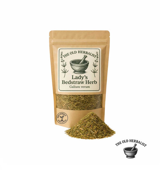 Dried lady’s bedstraw herb in kraft pouch – Galium verum.
