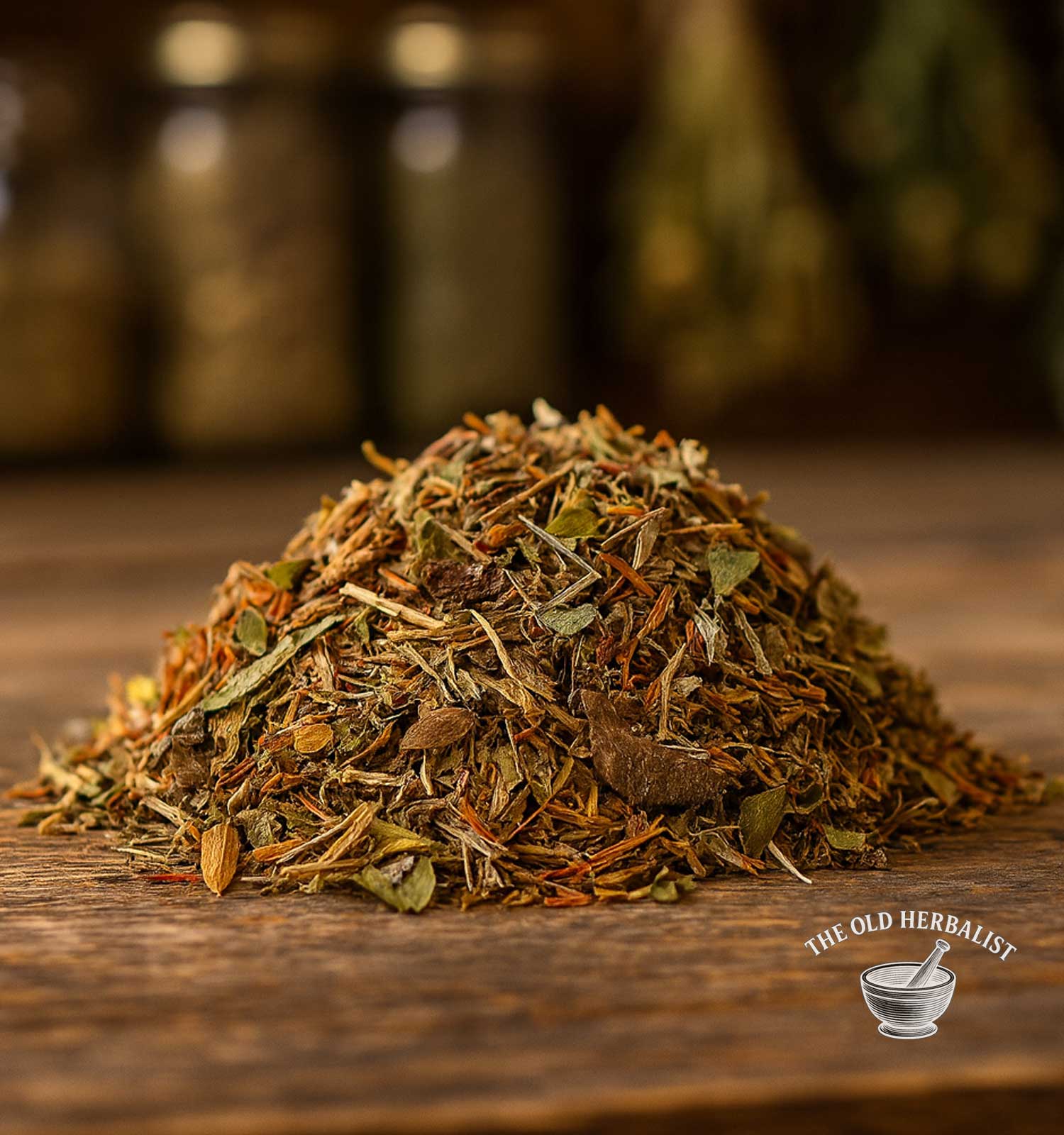 Loose mountain herbal tea blend with thyme and forest herbs.