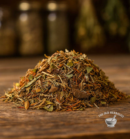 Loose mountain herbal tea blend with thyme and forest herbs.