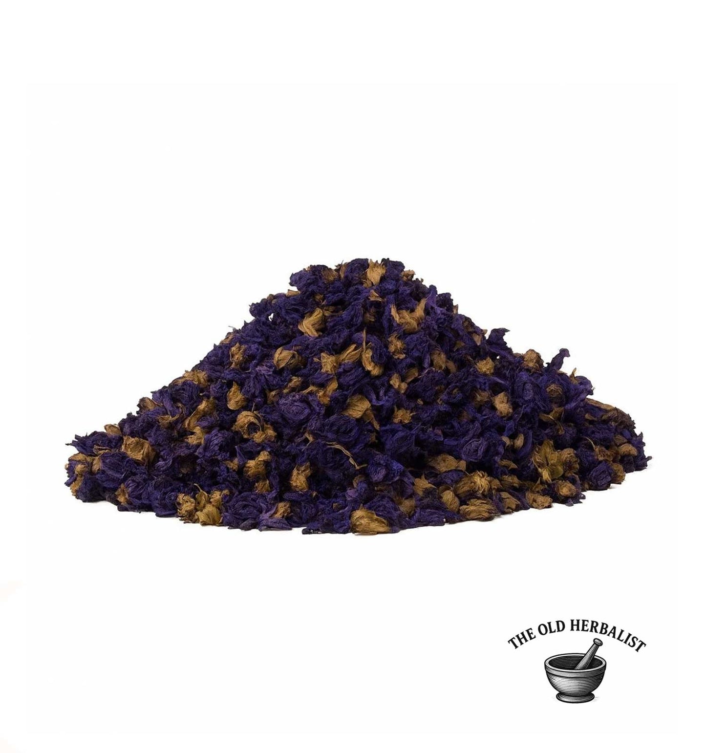 Loose blue mallow flowers with deep violet petals for herbal infusions.