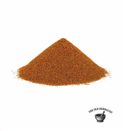 Fine nutmeg powder with warm brown color for cooking and baking.