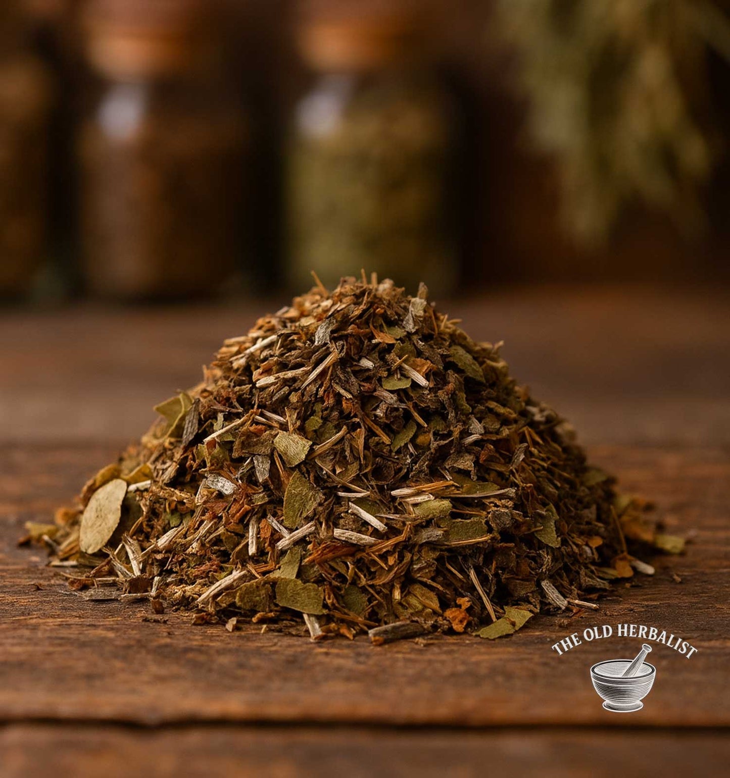 Calming evening herbal tea blend with flowers and leaves.