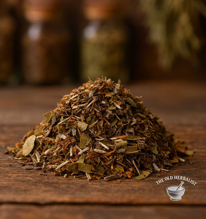 Calming evening herbal tea blend with flowers and leaves.