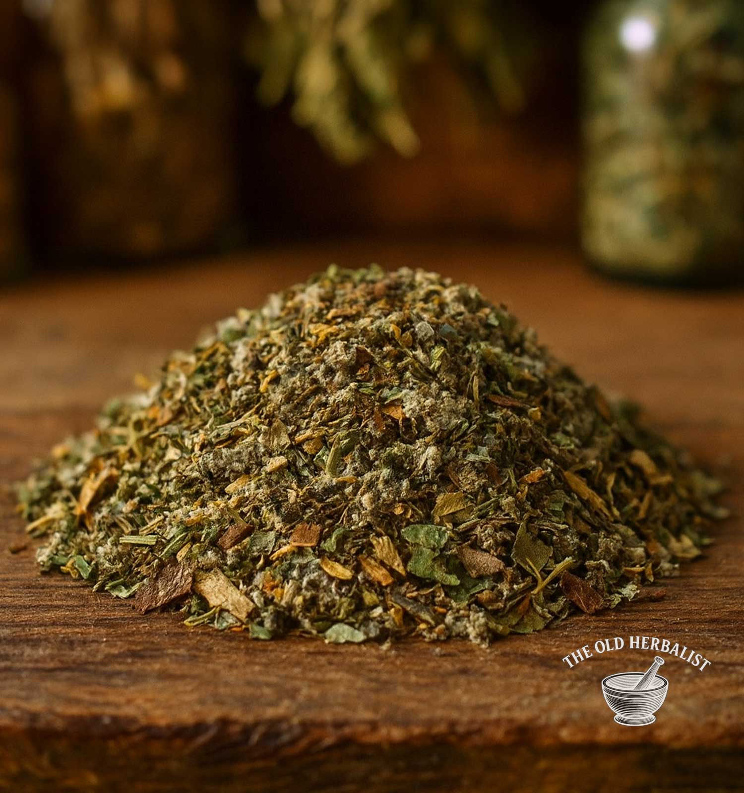 Loose herbal tea blend with leaves, roots, and flowers for family tea rituals.