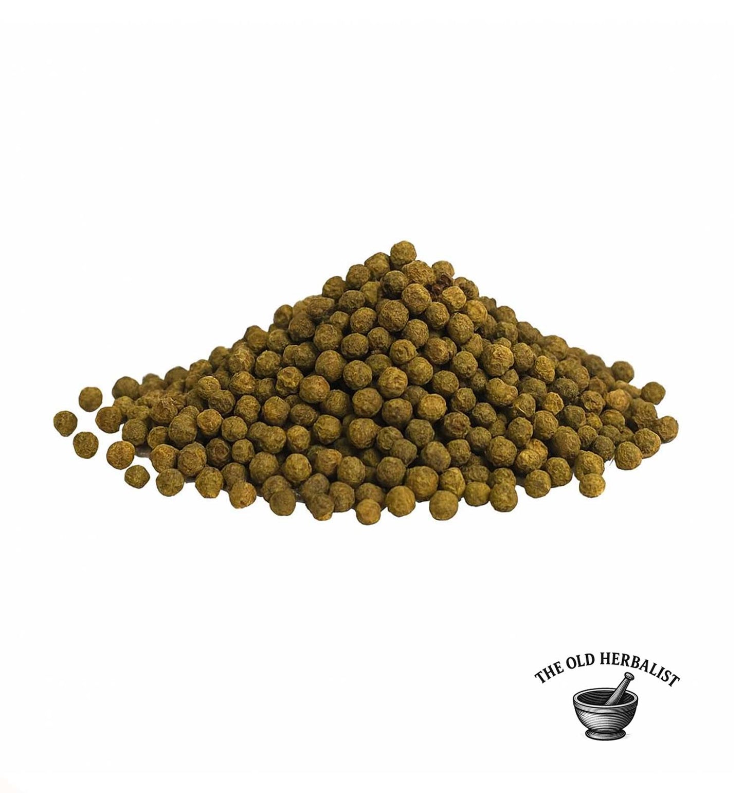 Whole green peppercorns for cooking and seasoning.