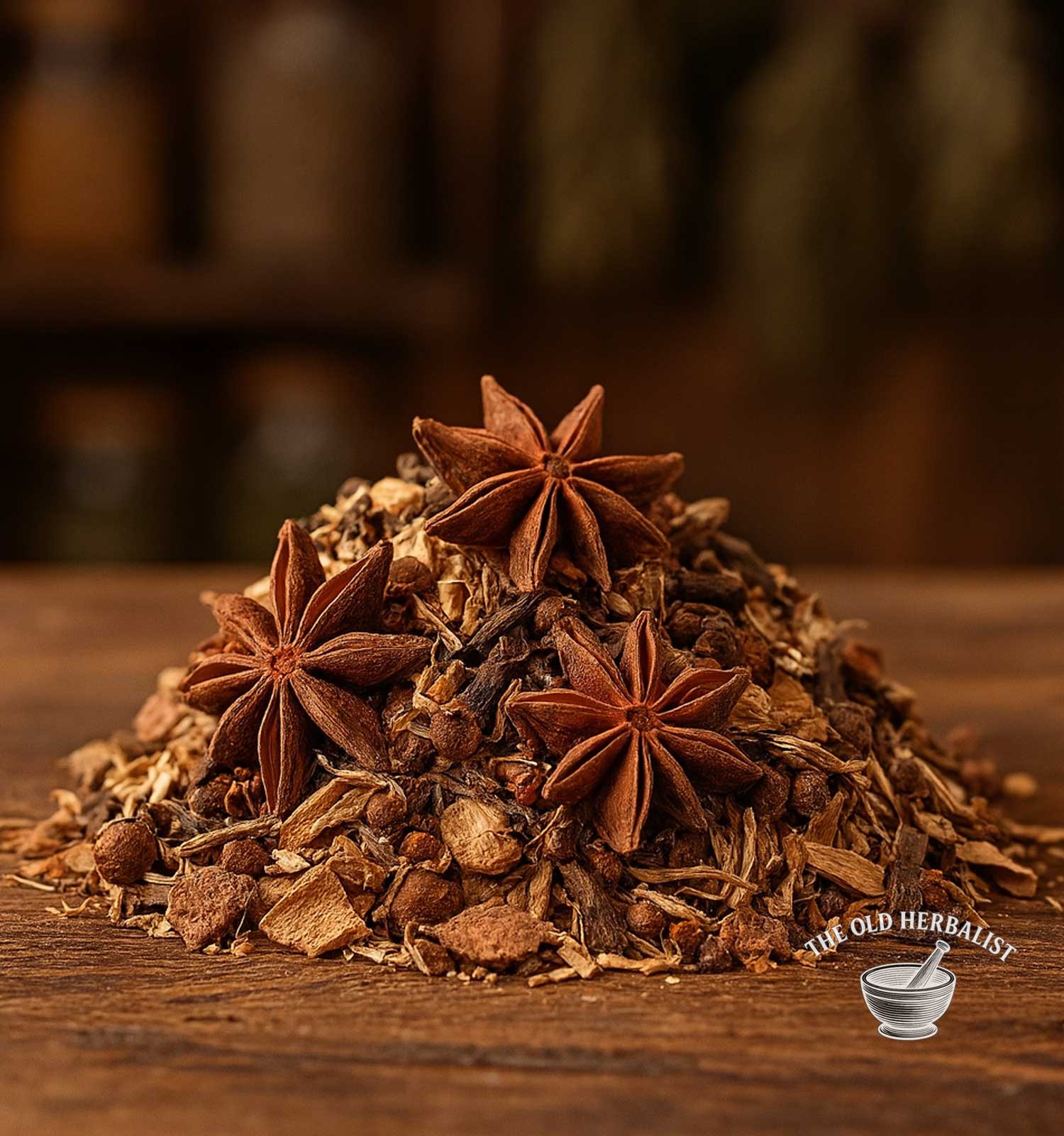 Loose herbal tea blend with star anise and cinnamon – festive tea ingredients.