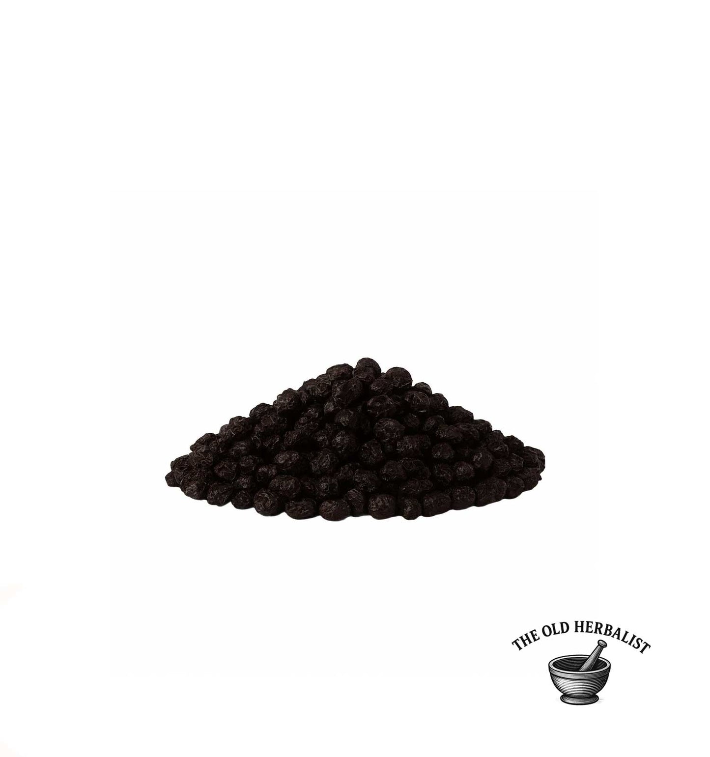 Pile of dark berries with 'The Old Herbalist' logo on a white background