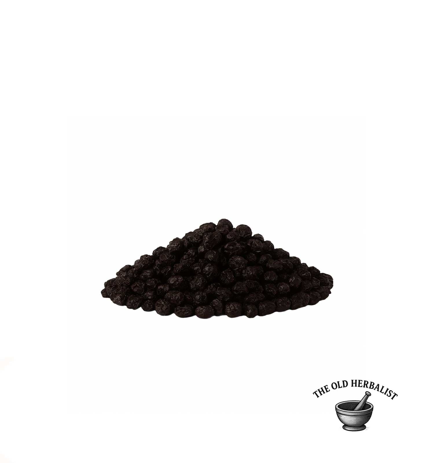 Pile of dark berries with 'The Old Herbalist' logo on a white background
