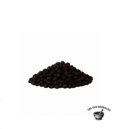 Pile of dark berries with 'The Old Herbalist' logo on a white background