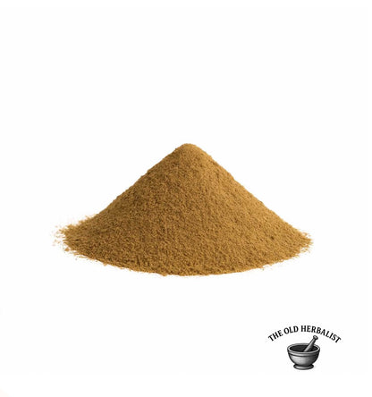 Ground valerian root powder close-up – natural herbal ingredient.
