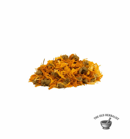 Bright orange calendula petals for tea and herbal use.