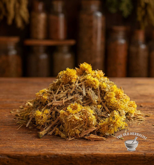 Loose leaf herbal aphrodisiac tea with yellow flowers and spices