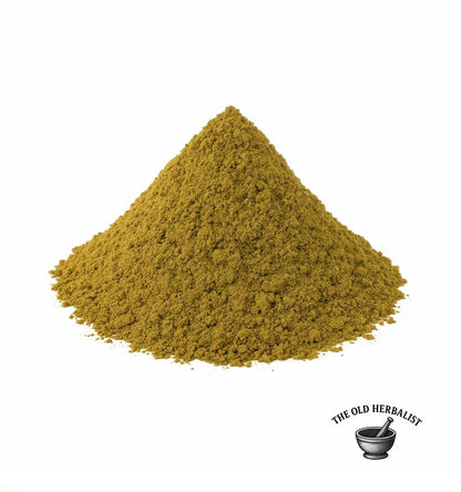 Finely ground pine needle powder with natural green color.