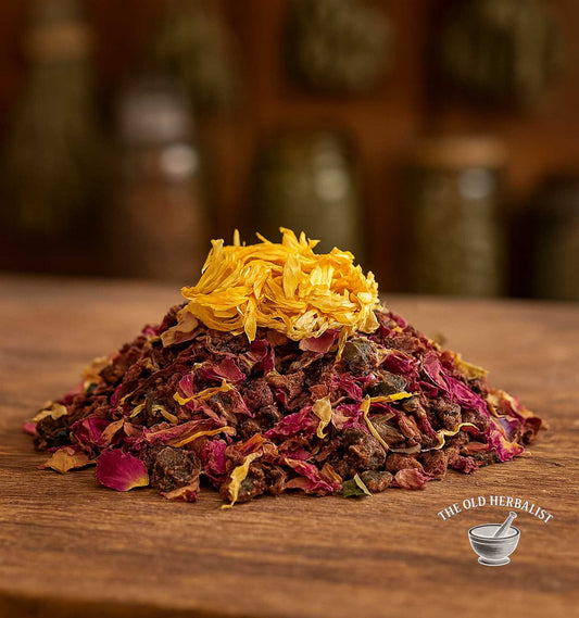 Loose floral herbal tea with rosehip, rose buds, and calendula.