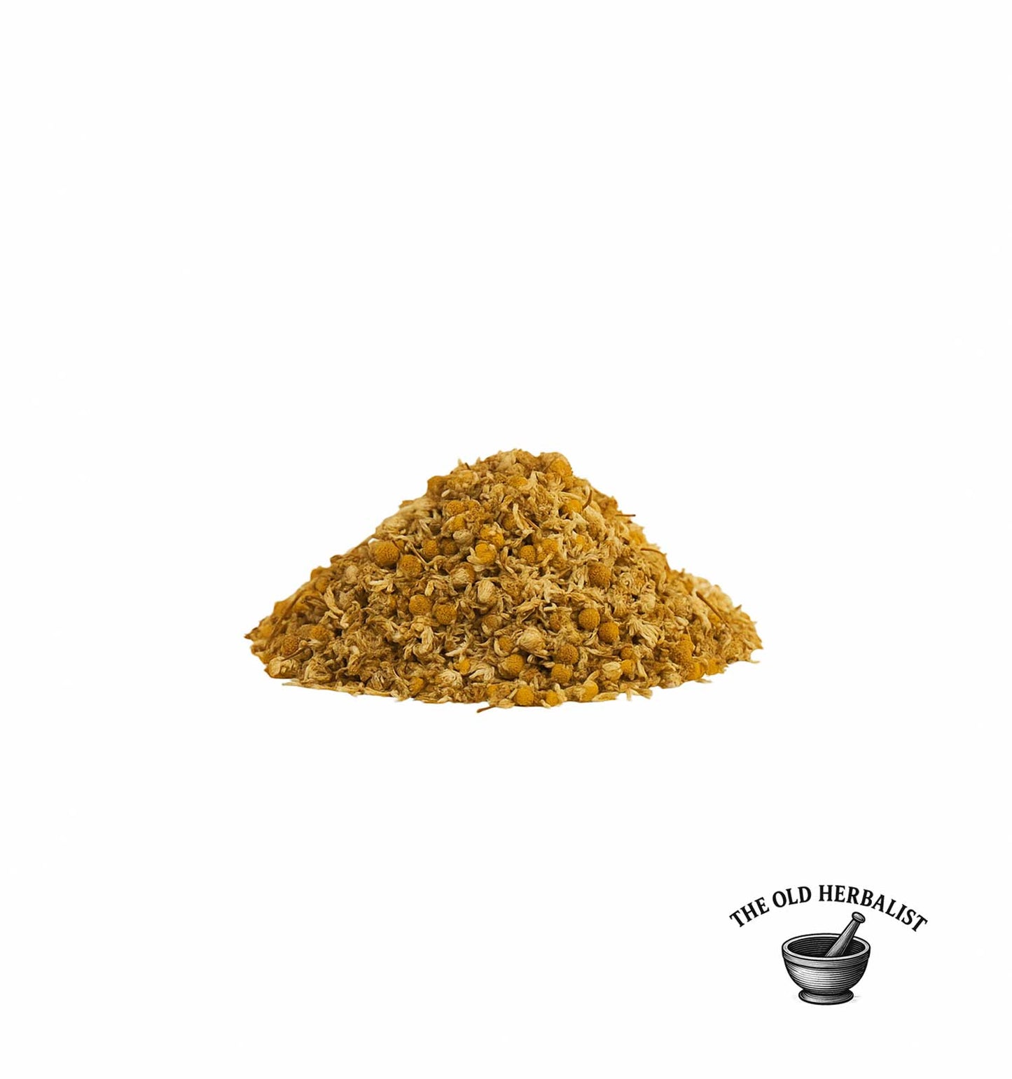 Pile of dried chamomile flowers with 'The Old Herbalist' logo on a white background