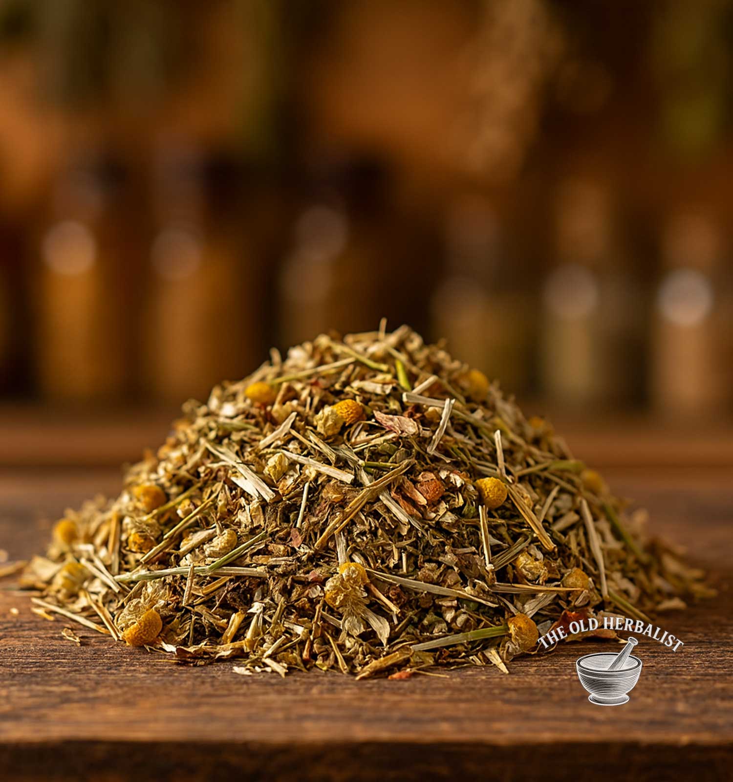 Traditional digestive herbal tea blend with leaves and roots.