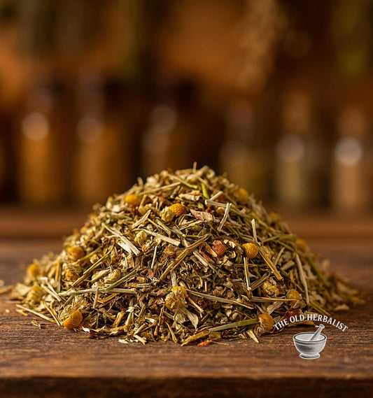 Traditional digestive herbal tea blend with leaves and roots.