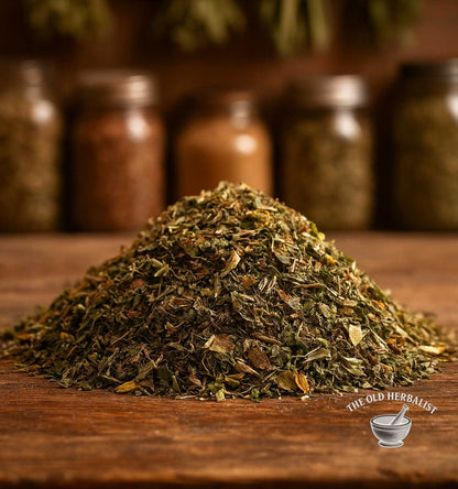 Loose herbal tea blend with nettle, burdock root, and wild pansy on wooden surface.