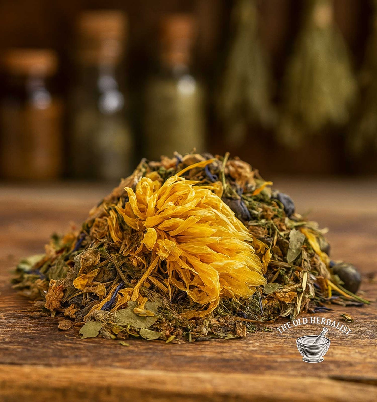 raditional herbal wellness tea blend with flowers and leaves.