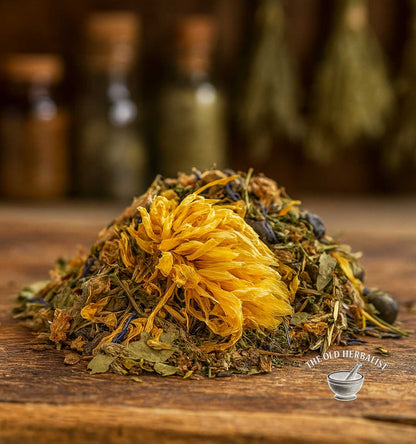 raditional herbal wellness tea blend with flowers and leaves.