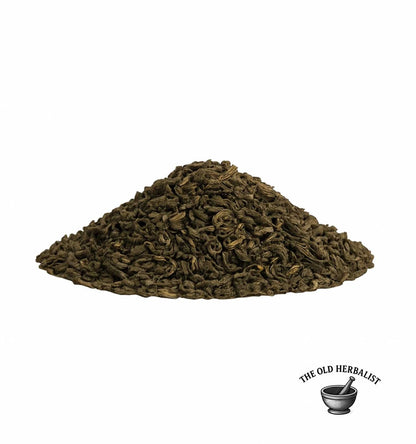 Rolled green tea leaves Camellia sinensis for infusion and culinary use.