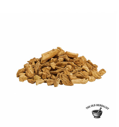 Whole cut lovage root for tea and culinary use.