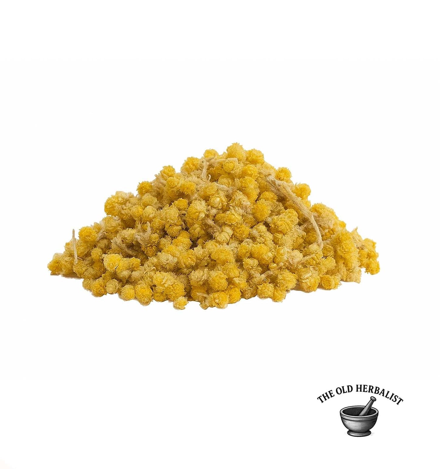 Golden helichrysum flowers for tea, cosmetics, and herbal use.