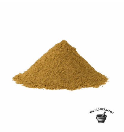 Ground fennel seed powder with warm golden color for culinary use.