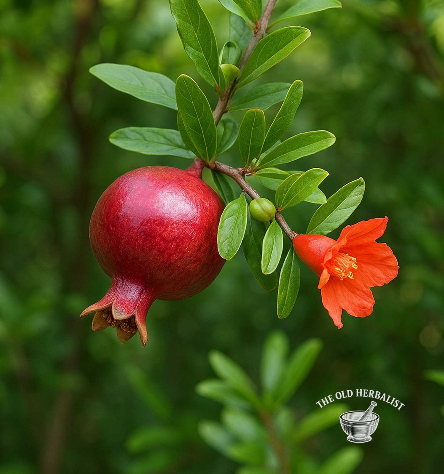 Pomegranate fruit and flower on a branch with green leaves, blurred green background.