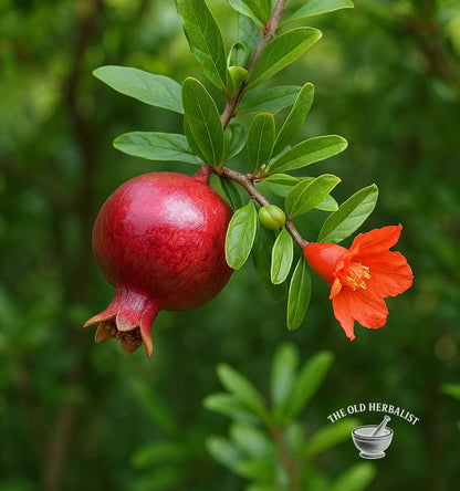 Pomegranate fruit and flower on a branch with green leaves, blurred green background.