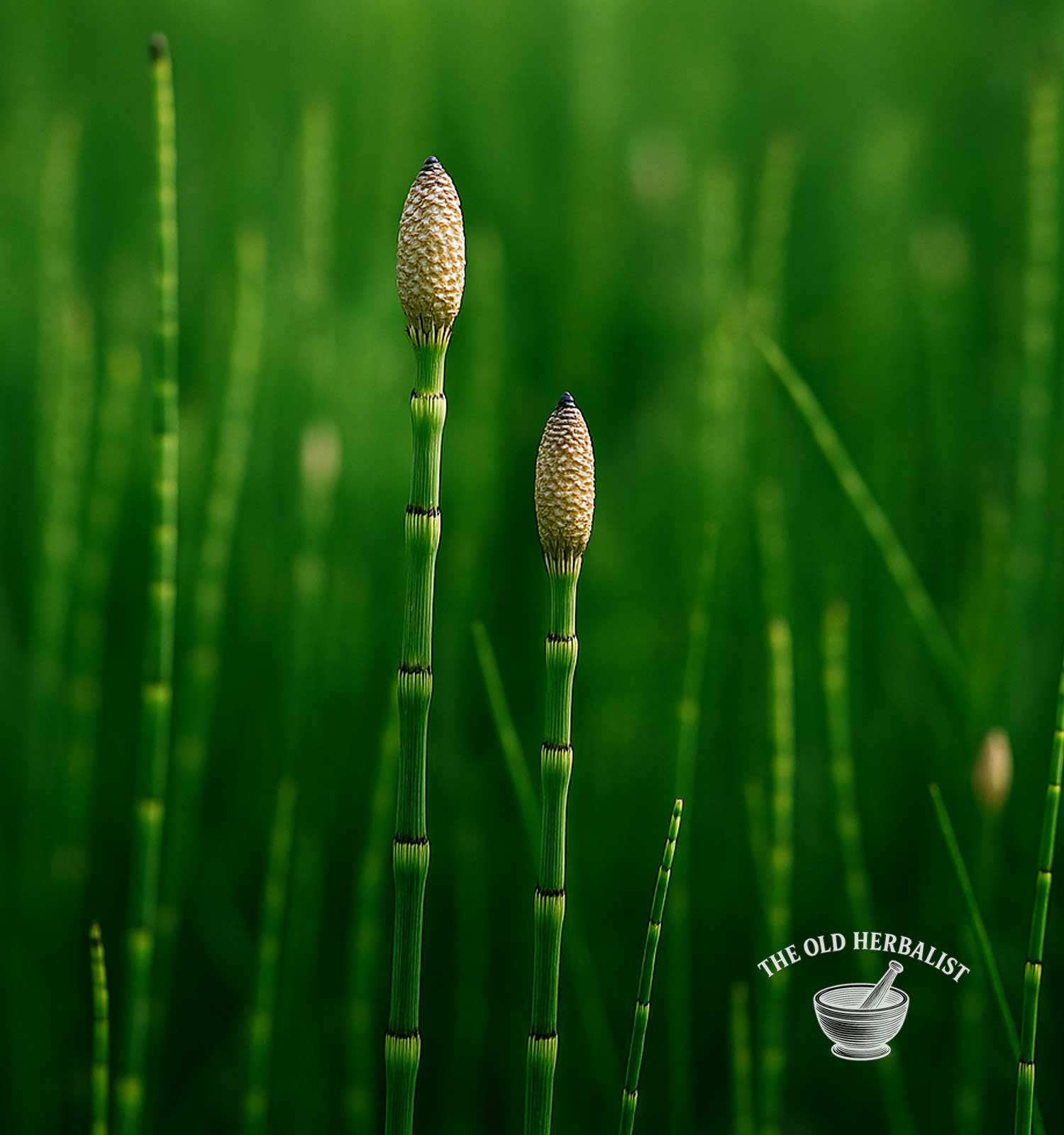 Horsetail plants with a blurred green background, featuring 'The Old Herbalist' logo.