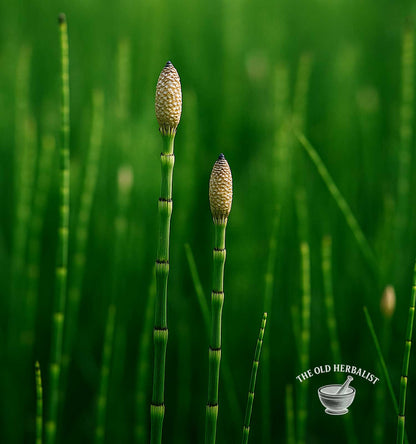 Horsetail plants with a blurred green background, featuring 'The Old Herbalist' logo.