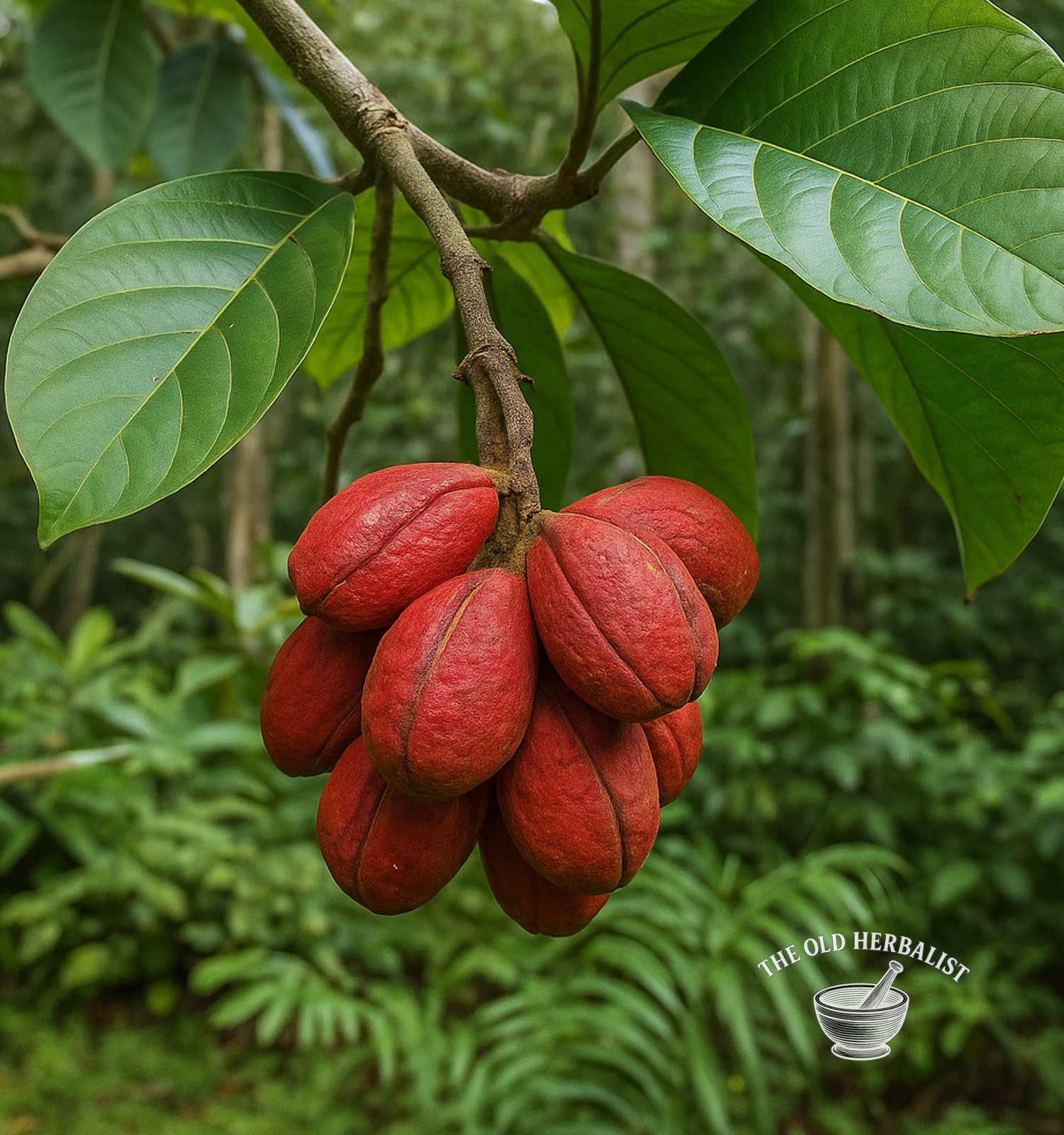 Red fruits on a  KOLA tree branch with green leaves in the background