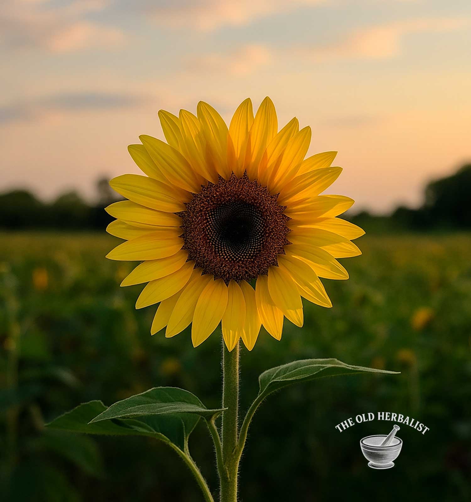 Sunflower in a field with a blurred background and 'The Old Herbalist' logo.