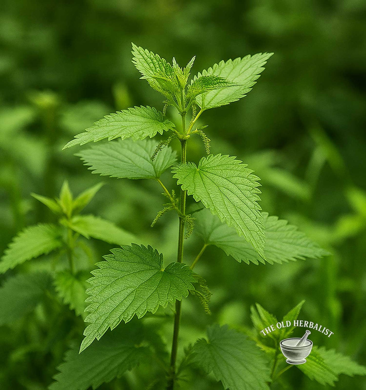Close-up of stinging nettle  green plant with a blurred green background, featuring 'The Old Herbalist' logo.