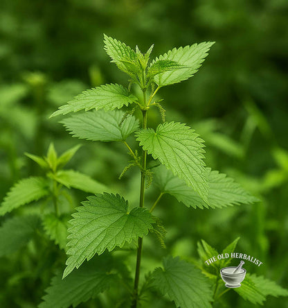 Close-up of stinging nettle  green plant with a blurred green background, featuring 'The Old Herbalist' logo.